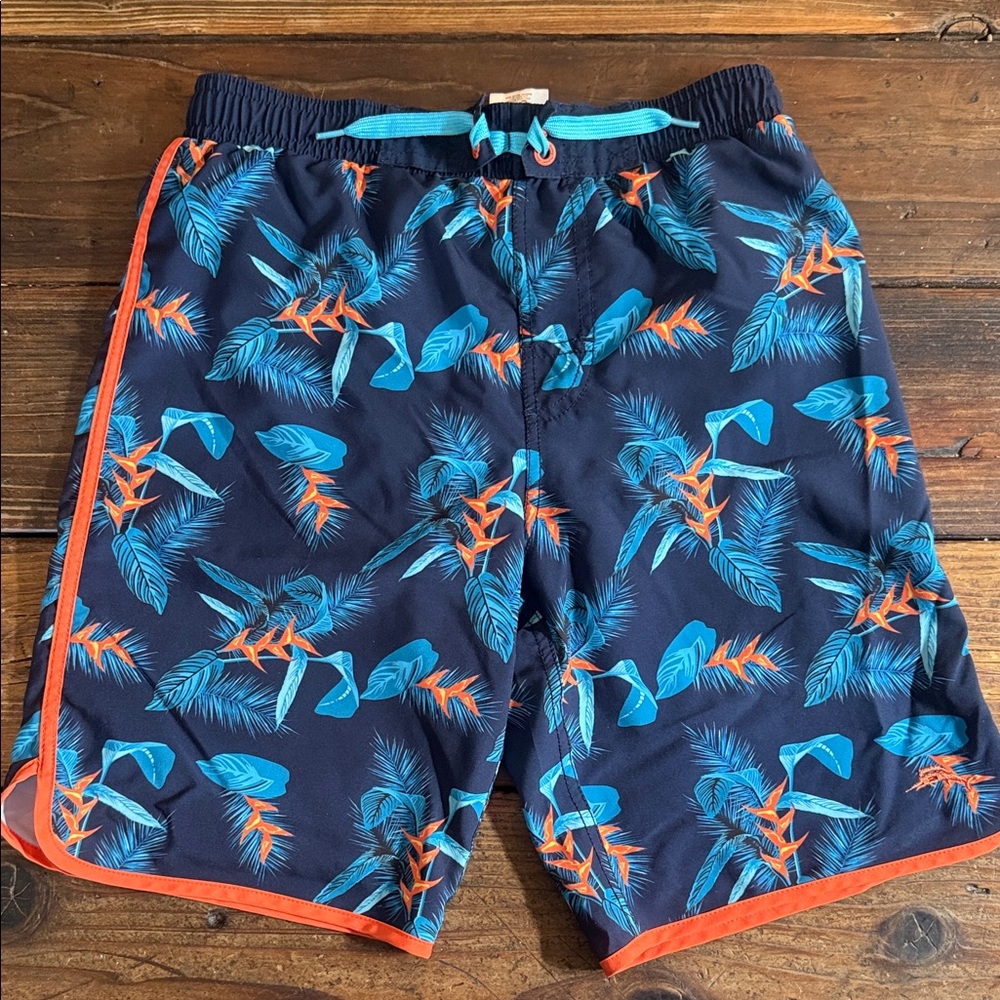 Tommy Bahamas Boys Navy Tropical Print Swim Trunks with Teal & Orange size 10-12
